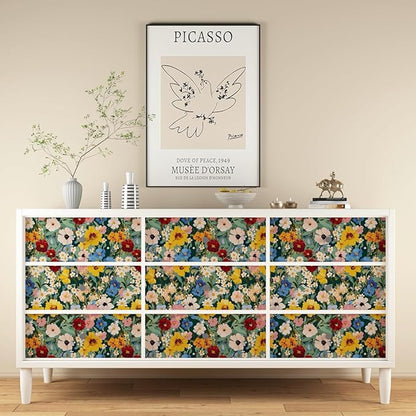 Colorful Floral Peel and Stick Wallpaper Boho Leaf Contact Paper Watercolour Wall Paper for Accent Wall Closet Cabinet Shelf Liner Removable Renter Friendly 17.5 x 393.5In
