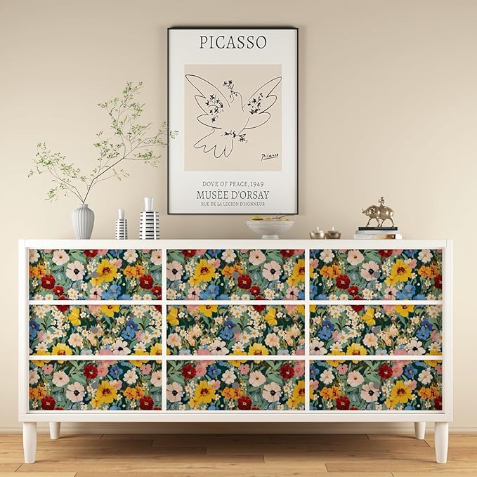 Watercolour Floral Peel and Stick Wallpaper Colorful Boho Contact Paper Renter Friendly Wall Paper for Countertop Cabinet Shelf Liner Removable 17.5 x 118In