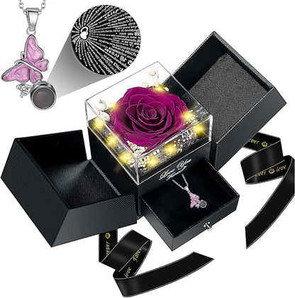 DRTINA Preserved Purple Real Rose with I Love You Butterfly Necklace-Eternal Flowers Rose Birthday Gifts for Women Wife Mom Girlfriend Grandma on Mothers Day Valentines Anniversary Christmas Romantic