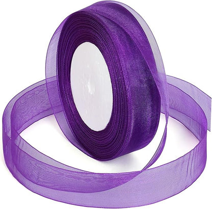Purple Ribbon for Gift Wrapping, 1 inch 50Yard Sheer Organza Tulle Ribbon, Dark Purple Gifts Wrap Chiffon Ribbons for Crafts, Flower Bouquet, Wedding, Valentines Day, Mothers Day, Christmas
