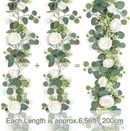 SOMYTING Artificial Flower Garland, Artificial Rose Vine Fake Flower Garland Silk Rose Peony Hanging Vine Faux Floral Garlands for Wedding Party Arch Table Wall Backdrop Decoration (White, 4PCS)