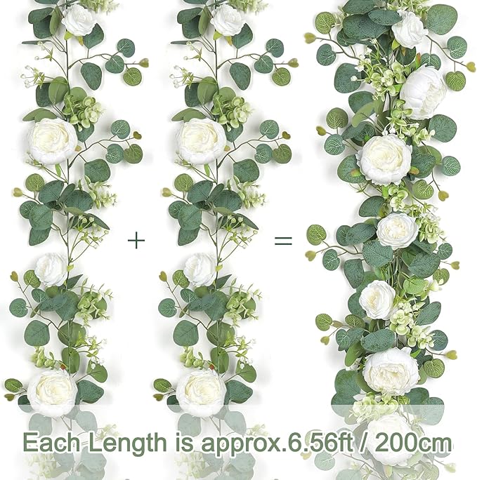 SOMYTING 2 Pack 13FT Flower Garland, Artificial Rose Vine Fake Flower Garland Silk Rose Peony Hanging Vine Faux Floral Vine for Wedding Party Arch Table Wall Backdrop Decoration (White)