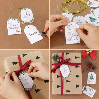 AuroTrends Christmas Gift Tags with String 48Pcs, Name Tags for Christmas Presents -Quality Christmas Tags with Holes& Pre-Cut Strings (8 Styles, 48 Pcs)