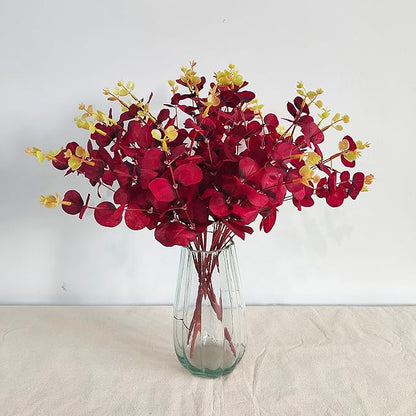 19" Faux Flowers Artificial Silk Silver Dollar Eucalyptus Stems Fake Plant for Vase Home Wedding Decor 3 Pcs (Dark Red)