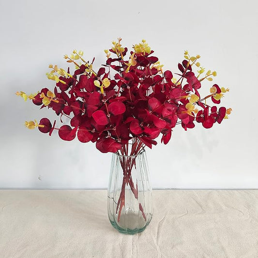 19" Faux Flowers Artificial Silk Silver Dollar Eucalyptus Stems Fake Plant for Vase Home Wedding Decor 3 Pcs (Dark Red)