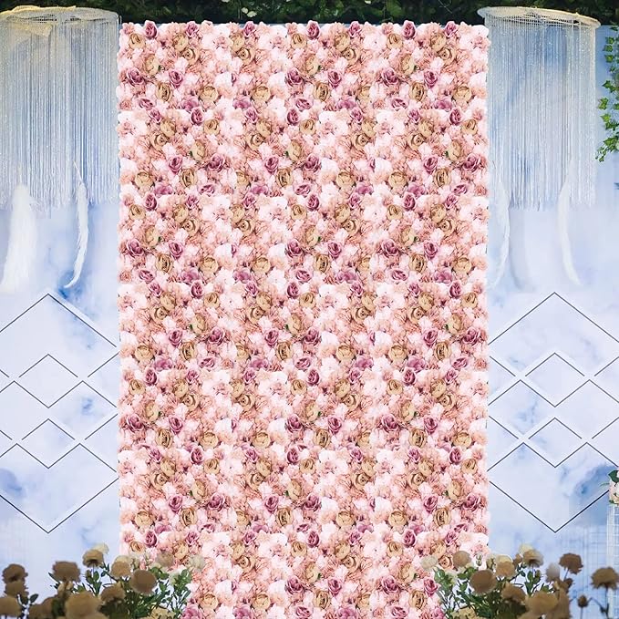 Flower Wall Panels 3D Flower Wall Backdrop, 6Pcs Artificial Flower Wall Panel Silk Rose Floral Decorative Faux Flower Wall Background for Wedding Home Decoration (Autumn Pink, 23.6*15.7in)