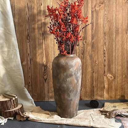 15 Inch Vintage Farmhouse Decor Ceramic Rustic Vase, Handmade Brown Flower Vases for Centerpieces, Living Room & Kitchen Shelf Decorative Pottery Vase for Home Decor