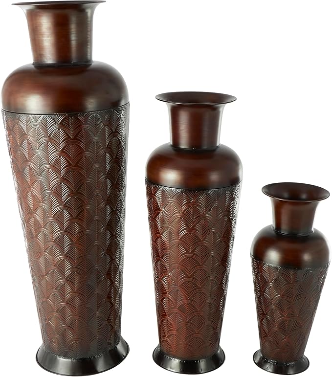 Deco 79 Metal Decorative Vase Tall Centerpiece Vases with Geometric Designs, Set of 3 Vases for Home Decoration 53", 40", 27" H, Dark Brown