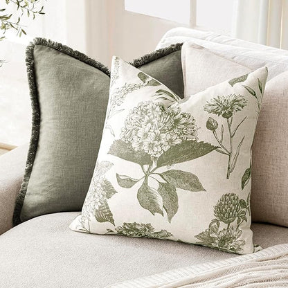 Foindtower Set of 2 Linen Floral Throw Pillow Covers Neutral Vintage Print Decorative Cushion Covers Farmhouse Boho Home Decor for Sofa Chair Couch Bedroom Living Room,24×24 Inch,Sage Green