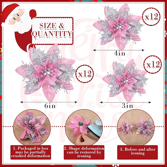36 Pcs Christmas Glitter Artificial Poinsettia Flowers Xmas Poinsettia Artificial Wedding Flowers Decorations Xmas Tree Ornaments with Clips for Party, 6 Inch, 4 Inch, 3 Inch(Peach Pink, Silver)