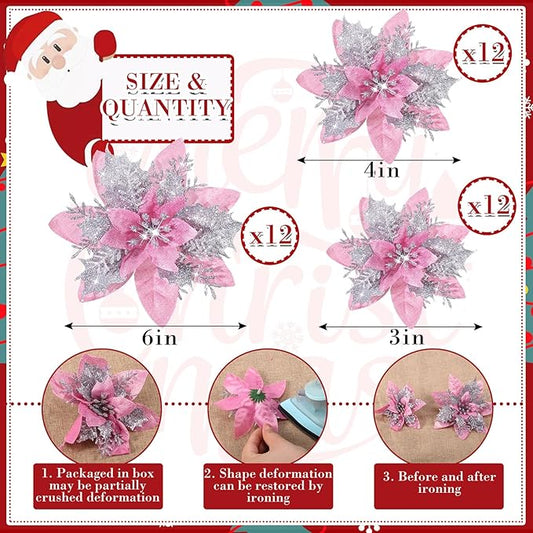 36 Pcs Christmas Glitter Artificial Poinsettia Flowers Xmas Poinsettia Artificial Wedding Flowers Decorations Xmas Tree Ornaments with Clips for Party, 6 Inch, 4 Inch, 3 Inch(Peach Pink, Silver)