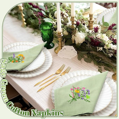Tioncy 12 Pcs Christmas Floral Cloth Napkins Decorations Bulk Embroidered Wildflower Dinner Napkins Tea Cocktail Party Gifts Xmas Stocking Stuffers for Holiday Table Decor (Sage Green)