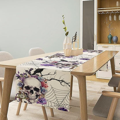 Gothic Floral Table Runner, Retro Dark Skull Spider Web Crow Flower Halloween Witchy Coffee Table Center Decor for Home Kitchen Dining Patio Holiday Party Table Decorations 13x108 inches