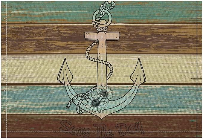 Nautical Theme Placemats Rustic Retro Wooden Board Anchor Art Printed Dining Table Mats Set of 4 for Restaurant Home Kitchen Holiday Picnic Party Decor 12x18in