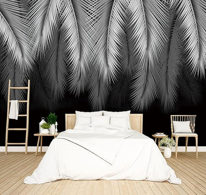 grey tropical botanical leaf wallpaper bedroom palm leave plant murals office modern black and white trendy room decor living room tv background large wall mural - 137"x96" Not Peel and Stick