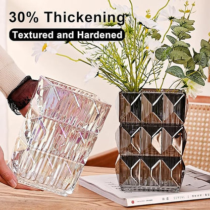 Glass Flower Vase, Clear Crystal Vases for Centerpieces, Heavy Handmade Modern Vases for Decor Home Bedroom Kitchen Office Living Room, 7.88 Inch (Clear Gray)