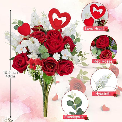 HUAESIN Artificial Rose Bouquet Faux Flower Stems Fake Rose Hyacinth with Red Heart Picks Spring Fake Floral Arrangements Indoor for Home Table Anniversary Valentine’s Decorations Outdoor