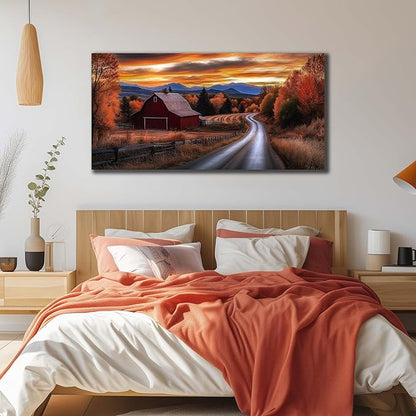 JuhaiArt Large Natural Wall Art Landscape Canvas Decor Fall Canvas Picture for Living Room Bedroom Red Barn Farmhouse Artwork 29" x 59"