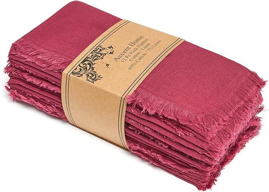 ACCENTHOME Burgundy Cotton Linen Napkin Set of 12 18x18 inch Dinner Napkins - Washable Soft Premium Reusable Perfect Fall Thanksgiving Table Napkins for Family Dinners Christmas & Everyday Use