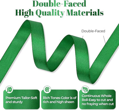 Green Satin Ribbon, Double Faced 1/2 Inch X 25 Yards Green Ribbon, Premium Satin Ribbon for Gift Wrapping, Crafts, Hair Bow Making, Sewing, Flower Bouquet, Wedding Party Decor