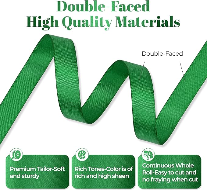 Green Satin Ribbon, Double Faced 1/2 Inch X 50 Yards Green Ribbon, Premium Satin Ribbon for Gift Wrapping, Crafts, Hair Bow Making, Sewing, Flower Bouquet, Wedding Party Decor
