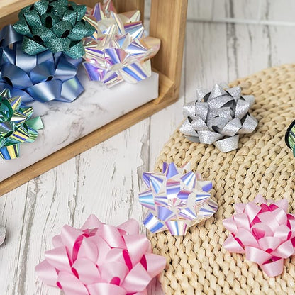 WRAPAHOLIC 14 Pcs Gift Bows Assortment - 12 Multi Colored Assorted Size Gift Bows (Silver, Green, White, Pink, Blue) and 2 Crimped Curling Ribbons, Perfect for Christmas, Holiday, Party