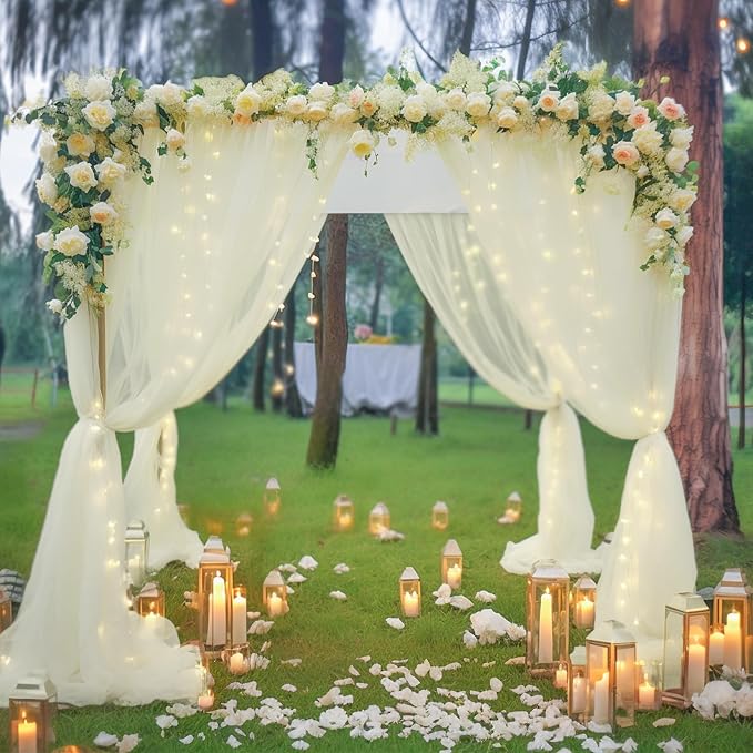 20x8ft Ivory Tulle Backdrop Curtain with Lights String for Parites, Sheer Backdrop Curtains for Wedding Baby Shower Birthday Party Photo Shoot Decorations
