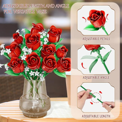 Flowers Bouquet Building Sets for Adults, for Her and Him Mother's Day Valentines Birthdays Gift, Botanical Collection DIY Rose Toy Kit, Home Office Decor