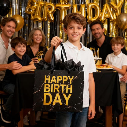 ASYEHJNR 13" Large Size Black Gold Birthday Gift Bag Marble with Metallic Gold Happy Birthday Sign Gift Bag with Greeting Card and Tissue Paper for Boy Men Bday Supplies