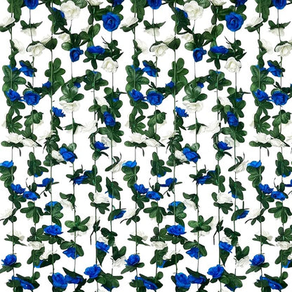 8Pcs 63Ft Royal Blue&White Fake Rose Hanging Flowers, Artificial Flower Vine, Hanging Floral Vine Garland for Wedding, Wall Arch, Halloween, Christmas Garden Backdrop Decor