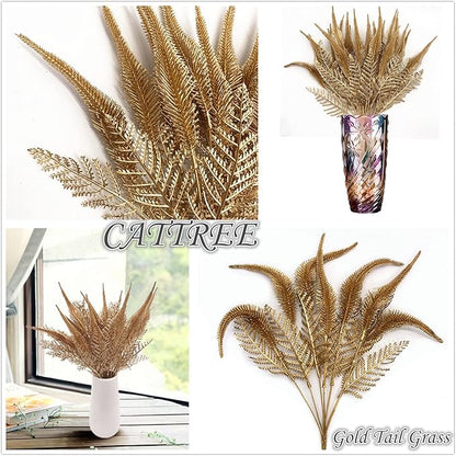 CATTREE Christmas Artificial Plants, Plastic Golden Grass Faux Shrubs Fake Leaves Simulation Setaria Bushes for Home Indoor Outdoor Wedding Hall Table Planter Filler DIY Cut Decorations - Gold 3 Pack