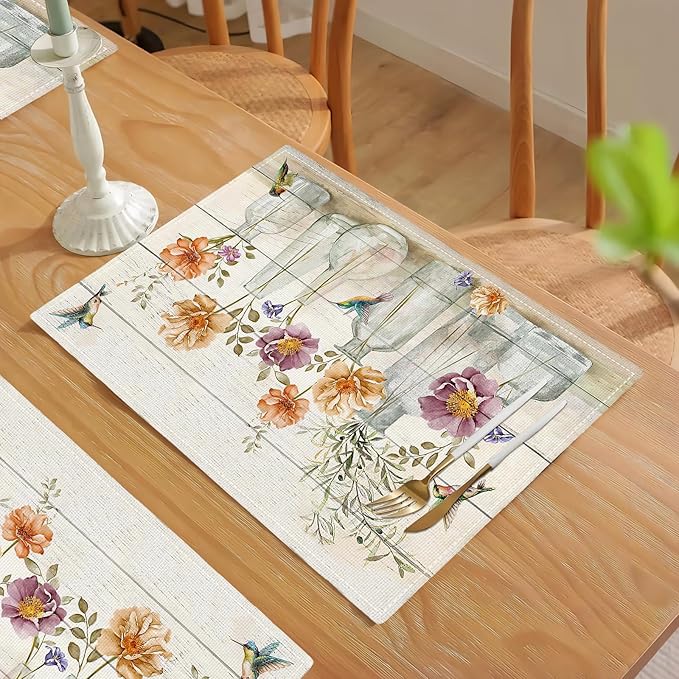 Floral Placemats Set of 4 Flower Hummingbird Table Mats Washable Place Mats for Home Party Indoor Kitchen Dining Table Decoration 12x18 Inch