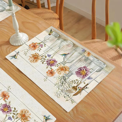 Floral Placemats Set of 4 Flower Hummingbird Table Mats Washable Place Mats for Home Party Indoor Kitchen Dining Table Decoration 12x18 Inch