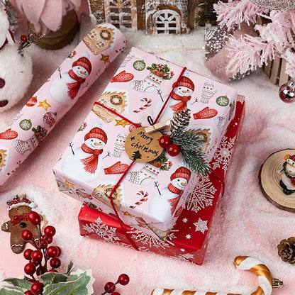 MAYPLUSS Christmas Wrapping Paper Roll - 17 Inch X 33 Feet - Cute Snowman Christmas Hat Gloves Reversible Snowflake Gift Wrapping Paper, Thick Wrap Paper for Holiday Party New Year Kids