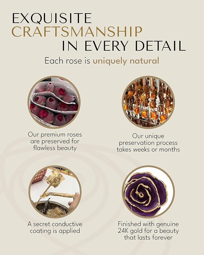 Forever Rose Hand-Dipped in 24K Gold, Amethyst-Inspired February Birthstone with Sparkles, Real Rose in Leather Case with LED Light – Perfect Ready to Gift for February Birthday or Any Occasion