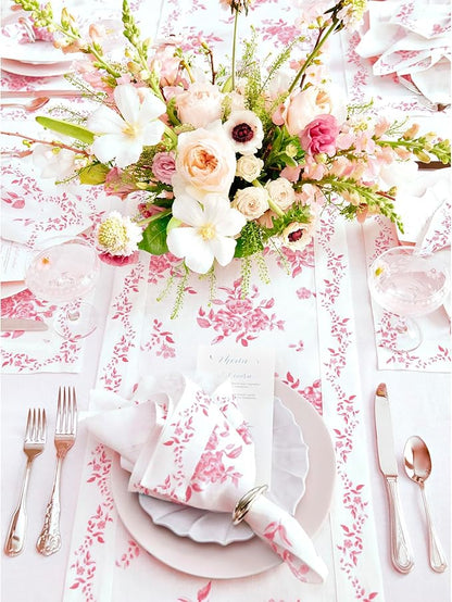 Solino Home Pink Floral Print Table Runner 90 Inches Long - 100% Pure Linen Table Runner 14 x 90 Inch - Handcrafted and Machine Washable - Jolie Fleur Print