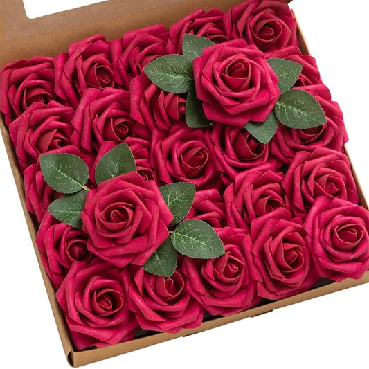 Ling's moment Artificial Flowers 25Pcs Hot Pink Roses Decor w/Stems,3" Real Touch DIY Foam Floral for Wedding Bouquet/Centerpieces, Outdoors Party Backdrop, Room/Table, and Garden/Pot Decorations