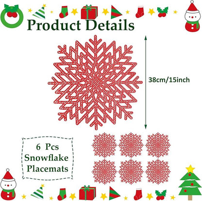 Snowflake Placemats Set of 6, Washable Christmas Placemats Snowflake Tablemats Hollow Out Round Vinyl Place Mats for Dining Table Setting Kitchen Table Mats Christmas Decoration(Red Snowflake)