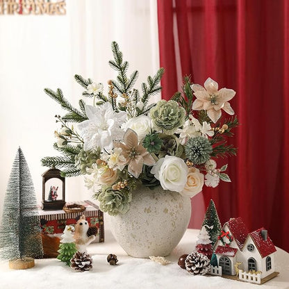 Christmas Artificial Flowers Set with White Poinsettia, Fake Roses and Greenery for DIY Christmas Decor - Wreath, Tree Ornaments, Wedding Bouquets, Centerpieces, Home Floral Arrangemen