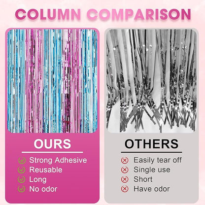 3 Pack 3.3x8.2 Feet Blue and Pink Foil Fringe Backdrop Curtains, Tinsel Streamers Birthday Party Decorations, Fringe Backdrop for Graduation, Baby Shower, Gender Reveal, Disco Party
