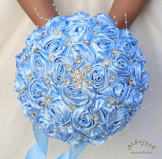 Bridal Wedding Bouquet Round Bling Brooch Bouquet Throw Toss Artificial Rose Flower Bunch for Bride Bridesmaid Wedding Quinceanera(Light Blue, 7.5")