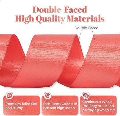 Coral Satin Ribbon, Double Faced 2 Inch X 25 Yards Coral Ribbon, for Gift Wrapping, Crafts, Hair Bow Making, Sewing, Flower Bouquet, Wedding Party Decor