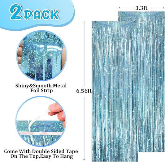 2 Pack Laser Light Blue Foil Fringe Curtains, Tinsel Streamers Birthday Party Decorations, Fringe Backdrop for Kids Birthday, Sea, Blue Theme Party