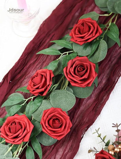 50pcs Artificial Flower，Real Touch Foam Roses w/Stem DIY for Wedding Bouquet Centerpieces Party Shower Home Decor-Dark red