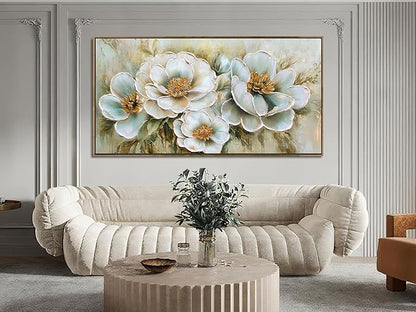 Arjun Framed Canvas Wall Art for Bedroom, Large Wood Frame Vintage Flower Painting Living Room Textured Artwork Gold Picture Bloosom Dining Room Kitchen Home Office Wall Decor, 48"x24"