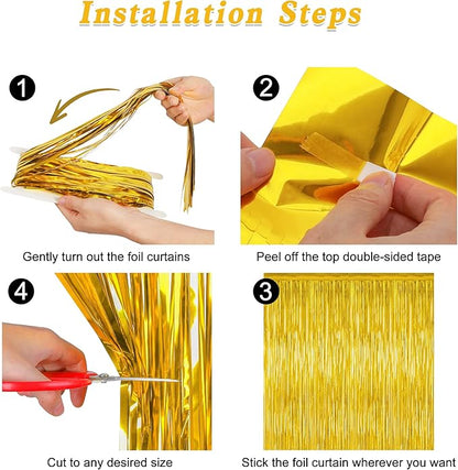 2 Pack Gold Tinsel Backdrop, 3.28 FT x 7.05 FT Metallic Fringe Curtain, Gold Color Graduation Backdrop Party Streamers, Party Supplies Door Decorations for Birthday Anniversaries