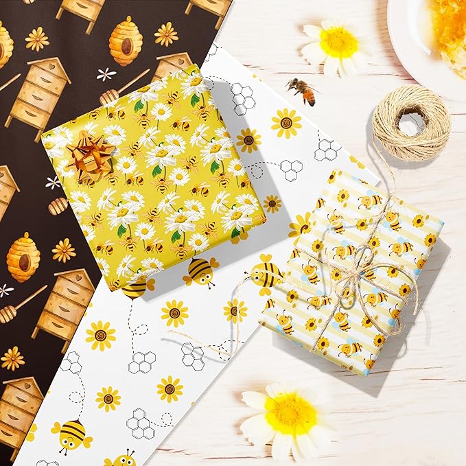 Jajajuegos 12 Sheets Bee Wrapping Paper Set - Yellow Black Bee Honeycomb Pattern - Gift Wrapping Paper for Winter Baby Shower, Birthday Party Decorations - 4 Designs, 20'' x 27''