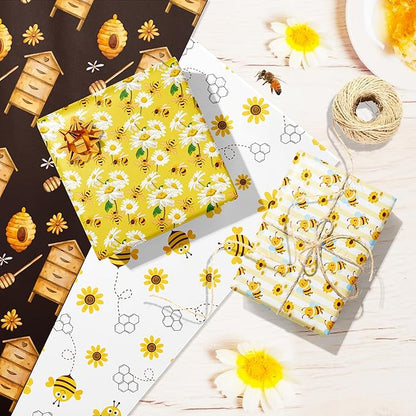 Jajajuegos 12 Sheets Bee Wrapping Paper Set - Yellow Black Bee Honeycomb Pattern - Gift Wrapping Paper for Winter Baby Shower, Birthday Party Decorations - 4 Designs, 20'' x 27''