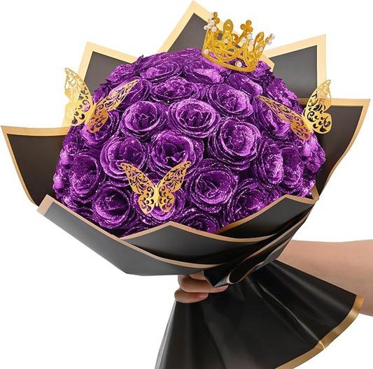 36+20 Glitter Roses Bouquet, DIY Fake Flowers Bouquet, Craft the Initials of Your Loves' Name with Artificial Rose for Valentines, Anniversary, Wedding, Mothers Day Gifts, Purple & White