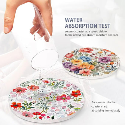 6 Pcs Coasters for Drinks with Holder, Vintage Watercolor Flowers Absorbent Ceramic Coasters with Cork Base,Cute Funny Table Drinks Coasters Tabletop Protection Mat,Table Home Decor,4 Inches